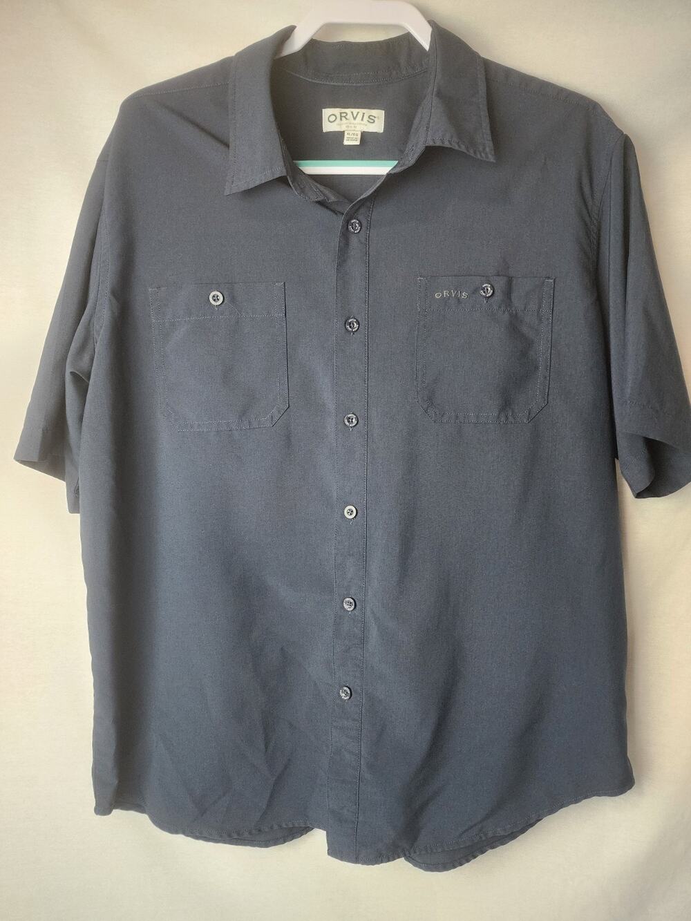 Orvis Shirt Mens XL Navy Blue Classic Collection Short Sleeve Button Up Outdoor
